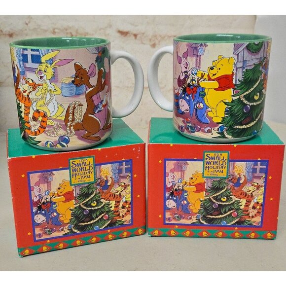 NIB 2 Vintage Disney Mugs Small World 1994 Winnie The Pooh & Friends Christmas - Picture 1 of 3